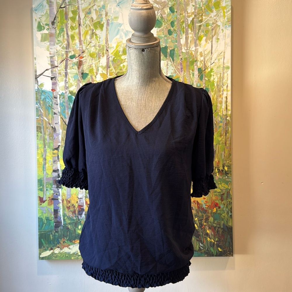 HEIMIOUS 💙BLUE💙 V-NECK SHORT SLEEVE PULLOVER TOP SIZE SMALL 🌟EUC🌟